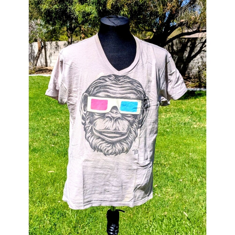 Ames Bros Retro Monkey w/3D Movie Glasses V-Neck Beige Large Cotton Shirt GUC